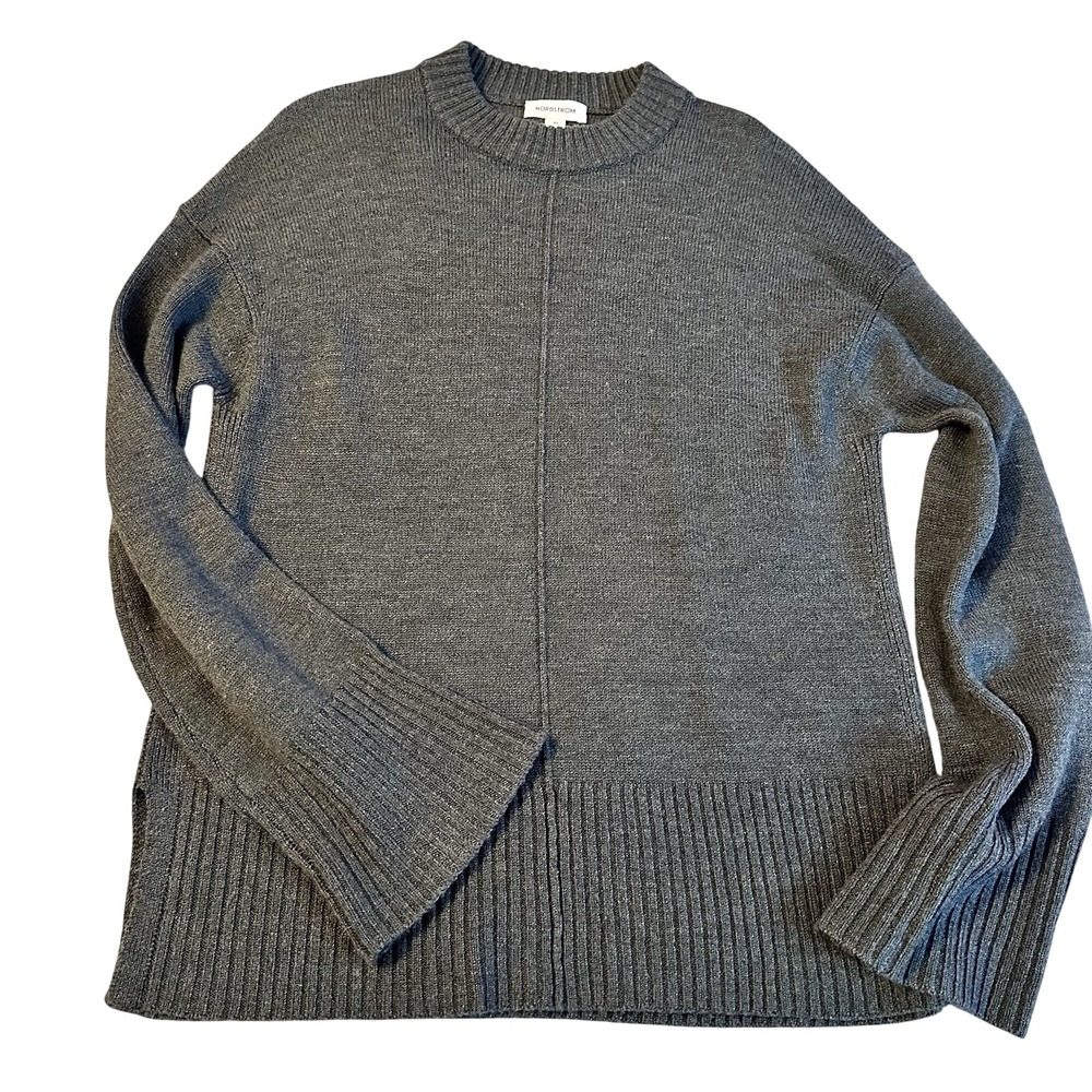 Nordstrom Womens Gray Wool Blend Knit‎ Sweater XS Crewneck Ribbed Hem Pockets Ls
